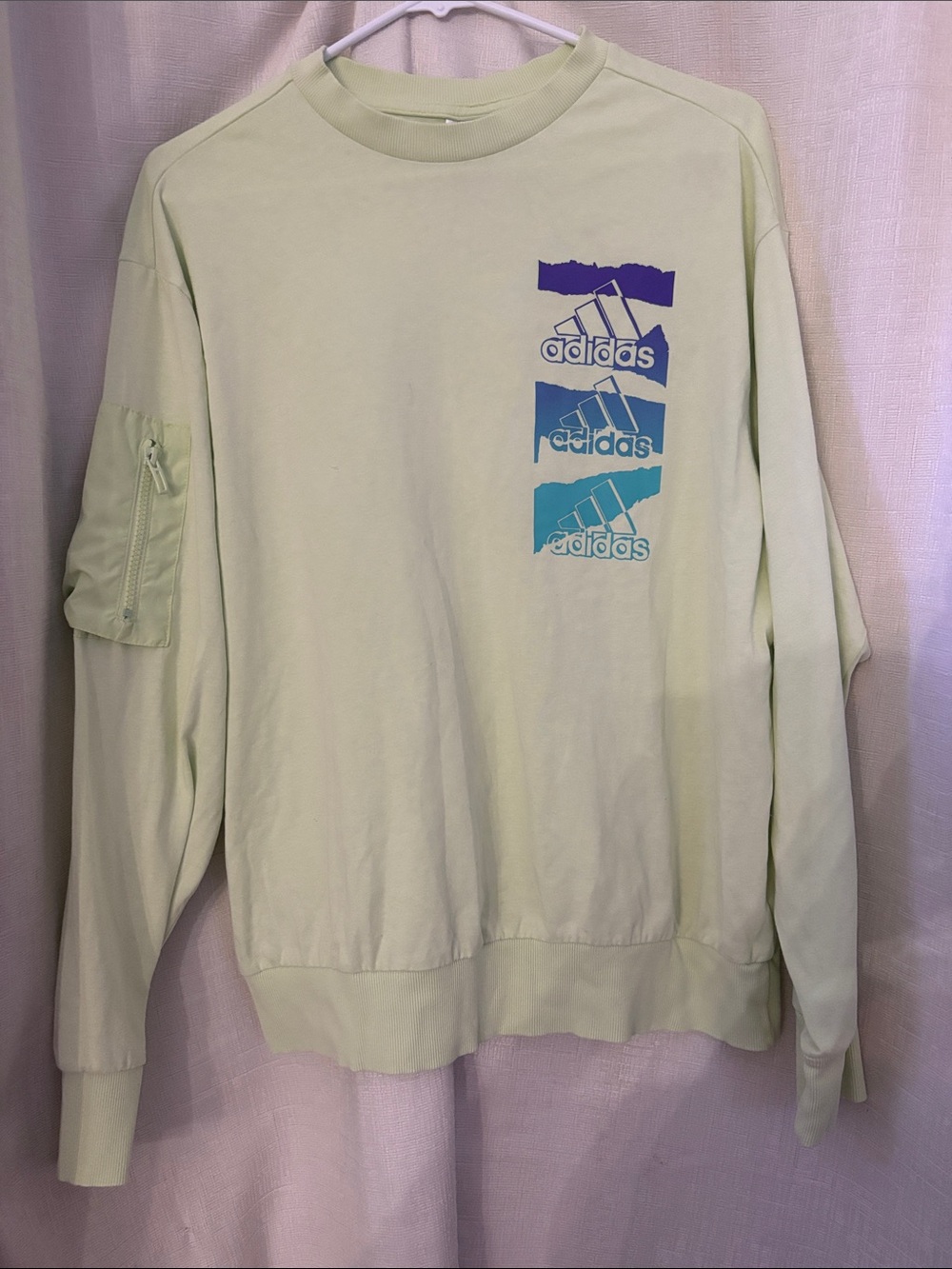 adidas Men's Pale Green Crewneck Sweatshirt with Blue Logo Panels